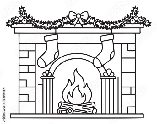 Black outline drawing of a cozy brick fireplace with stockings hung and a garland decoration above, featuring a crackling fire and logs below.