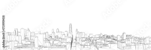 Black and white city skyline wireframe drawing in line art style depicts a bustling urban landscape with detailed architectural structures.