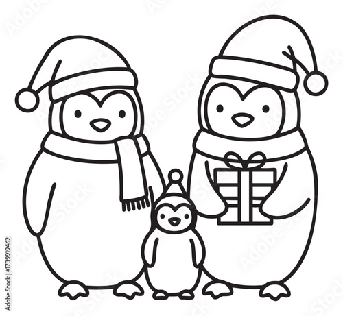 Black outline vector of two adult penguins wearing winter hats and scarves, with a small penguin chick, one adult holding a wrapped gift.
