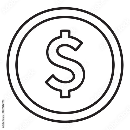 Simple black outline icon of a large dollar symbol inside a circular shape, representing finance and currency concepts.