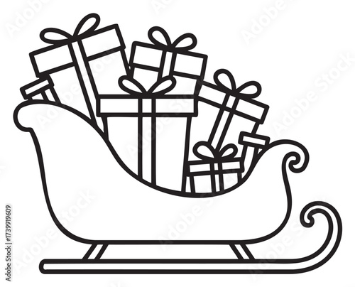 Black outline of a sleigh filled with multiple wrapped gifts and bows, illustrating a festive and holiday theme.