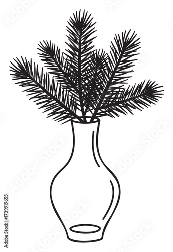 Black outline drawing of a clear glass vase filled with pine branches, showcasing simple and elegant botanical design.