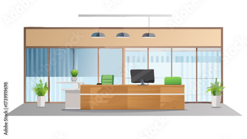 Illustration of a modern office reception area with a wooden desk and green accents and plants around