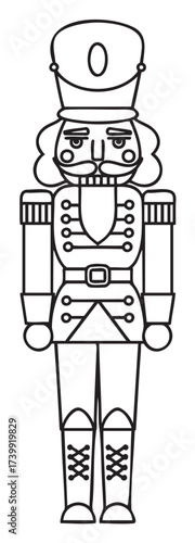 Black outline drawing of a classic nutcracker soldier in traditional uniform with a tall hat and detailed facial features.