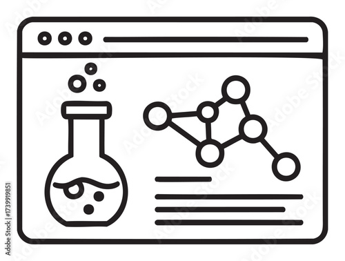 Black outline icon illustrating a chemical laboratory setup with a beaker and molecular structure, signifying scientific research and experimentation.