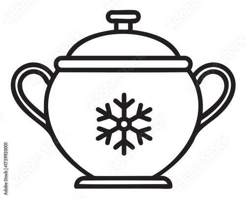 Black outline icon of a lidded pot with a snowflake symbol on its side, representing a winter-themed cooking or storage container.