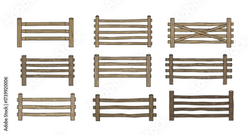 Collection of various handdrawn wooden fences isolated on white background.