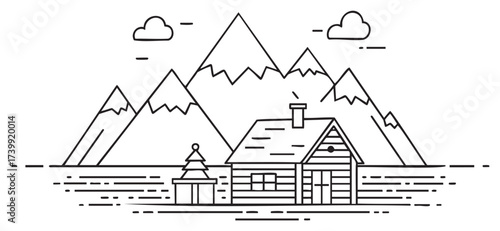 Minimal black outline of a cozy cabin and small shed with a of towering mountains and a few clouds in the sky.