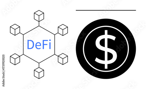 Hexagonal blockchain network with DeFi text connected to cubes beside bold dollar sign, showcasing finance decentralization. Ideal for fintech, blockchain, cryptocurrency, decentralized apps, smart