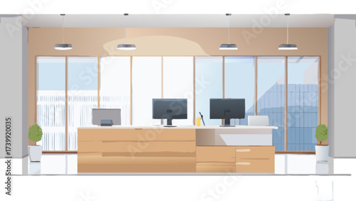 Front desk area with three computers and potted plants in a modern office space in daytime