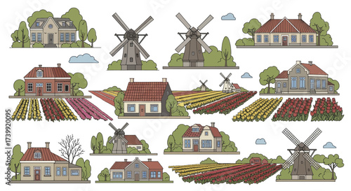 Set of traditional Dutch houses windmills and tulip fields illustration.