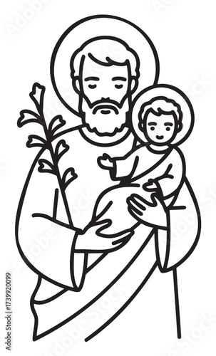 Black outline icon of a bearded male figure holding a small child, both with halos, symbolizing a religious scene.