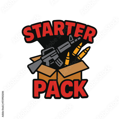 Cartoon flat vector tactical logo of gun and bullet in the unpacking box with starter pack text