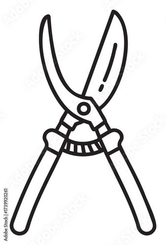 Black outline icon of pruning shears with curved blades and ergonomic handle design for gardening and landscaping tasks.