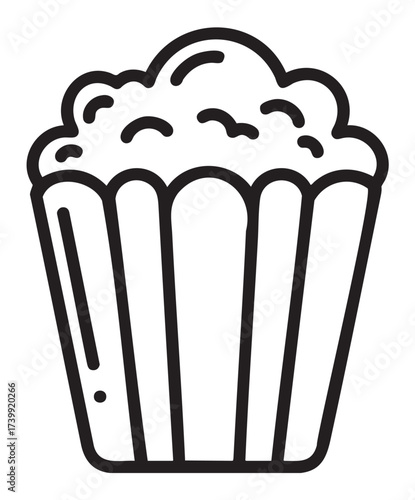 Black outline icon of a striped popcorn container filled to the brim, symbolizing enjoyment and entertainment.