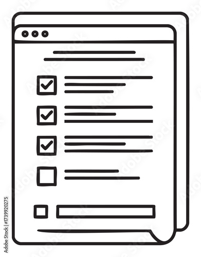 Simple black outline of a checklist with multiple items, each marked with checkboxes, on a rectangular sheet of paper.