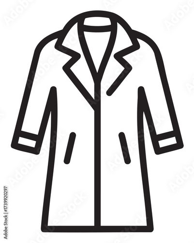 Black outline vector icon of a stylish long coat with lapels and pockets, representing fashion and outerwear concepts.