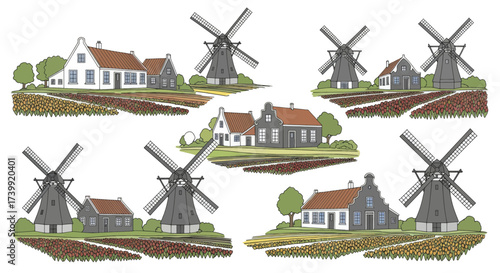 Set of traditional Dutch landscapes with windmills and tulip fields.