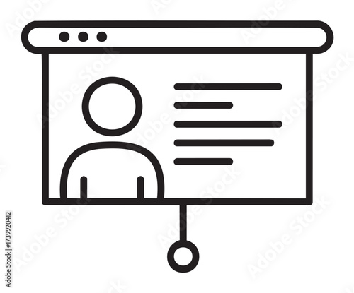 Black outline icon of a web browser window with a simplistic profile image on the left and horizontal lines representing text on the right.