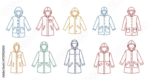 Set of colorful outline raincoat icons vector illustration.