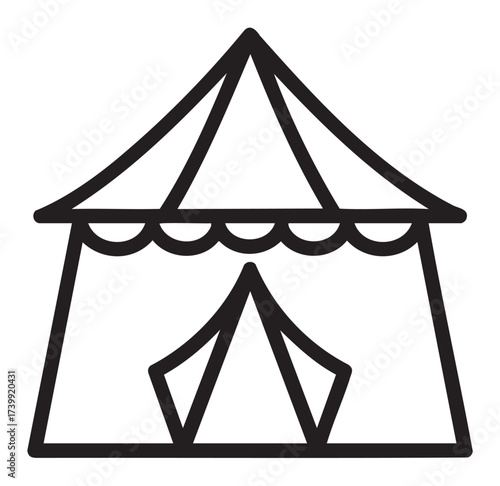 Black outline vector icon of a classic circus tent with striped triangular roof and arched entrance. simple design for entertainment and festival concepts.