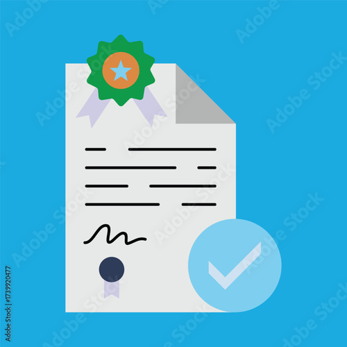 Conceptual vector artwork illustrating a signed and sealed official document, adorned with a prestigious ribbon and an affirmative checkmark, signifying successful validation and certified quality