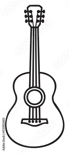 Black outline drawing of an acoustic guitar with six strings, focusing on the sound hole, bridge, and tuning pegs.