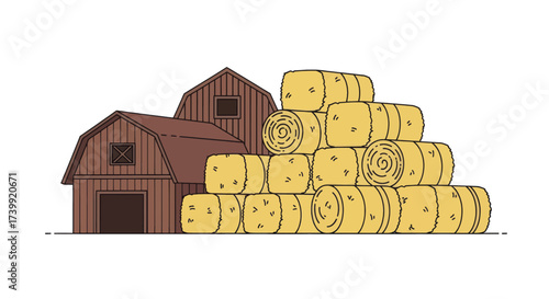Illustration of stacked hay bales in front of wooden barns.