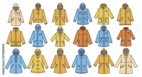 A diverse collection of colorful raincoat designs for all weather.