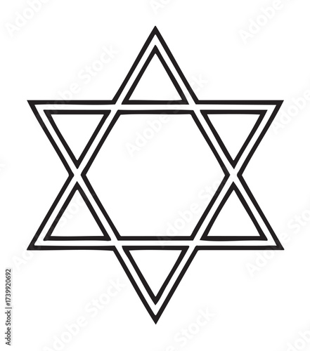 Black outline icon of the star of david with two overlapping equilateral triangles forming a hexagram.