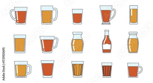 Set of various mugs glasses and bottles with tea or beer.