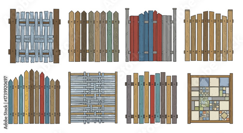 Collection of eight different handdrawn wooden fence designs.