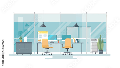Illustration of an office space with desks, chairs, computers, and a glass wall enclosure design style
