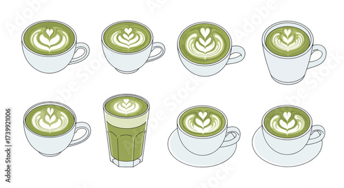 Set of matcha green tea latte art illustrations.