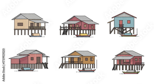 Set of colorful wooden stilt houses on water with boats Traditional Asian floating village architecture illustration.