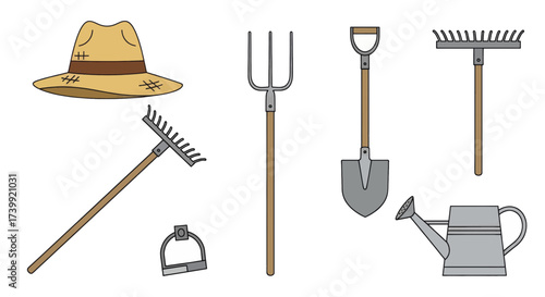 Set of gardening and farming tools vector illustration.