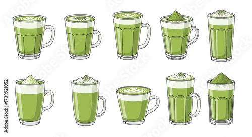 Set of various matcha green tea latte drinks in glass cups and mugs.