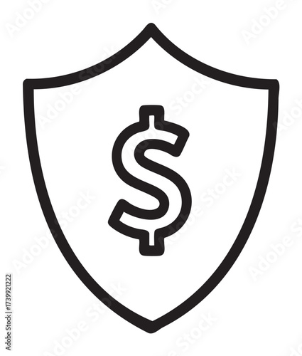 Black outline icon of a shield with a dollar sign in the center, symbolizing financial protection and security.