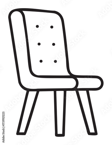 Black outline drawing of an upholstered chair with buttons on the backrest and four sturdy legs, illustrating modern furniture design.