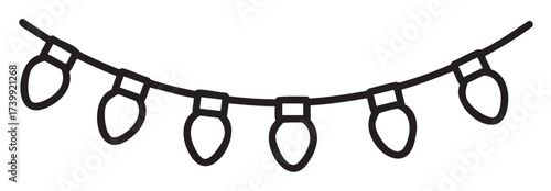 Black outline of a string of five simple christmas lights hanging in a row, ideal for festive and holiday design concepts.