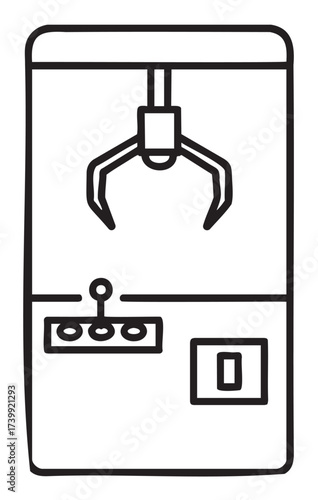 Black outline illustration of a classic claw machine arcade game with a joystick and control buttons.