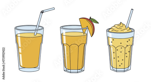 Vector illustration of three glasses with mango juice and smoothie.