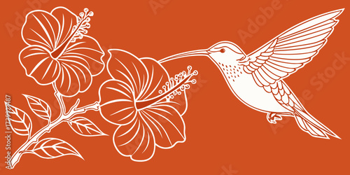 Minimalist one-line drawing of hummingbird sipping nectar from hibiscus blooms, outline vector design on orange background.