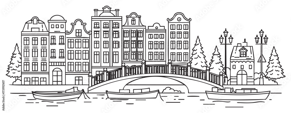 Fototapeta premium Black outline illustration of traditional canal houses and a bridge with boats in a detailed cityscape with trees.