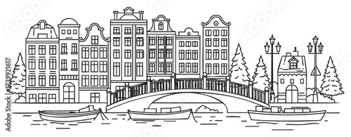 Black outline illustration of traditional canal houses and a bridge with boats in a detailed cityscape with trees.