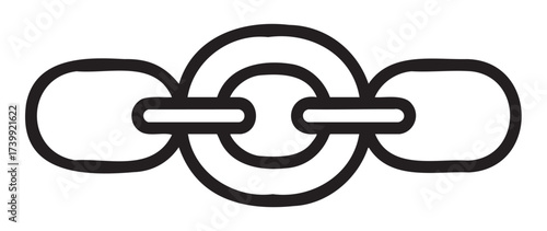 Black outline of a chain link with an interconnected circular design. simple linear illustration representing connection and unity.