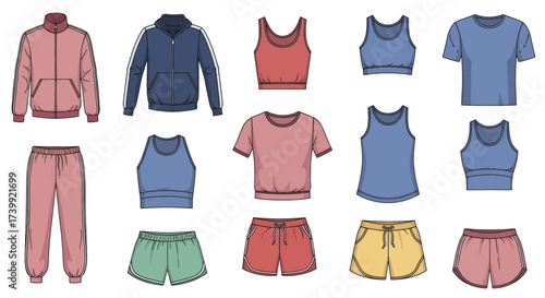 Vector illustration set of womens activewear and sportswear.