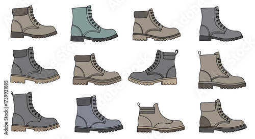 Collection of twelve different mens work and hiking boots.