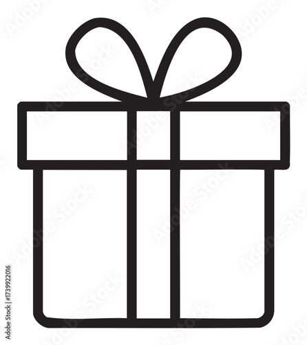 Black outline icon of a simple gift box with a ribbon bow on top, symbolizing a present for celebrations.