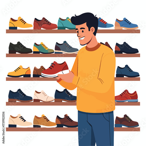 A man in a shoe store holds a red sneaker while browsing a wall of shoes on shelves.